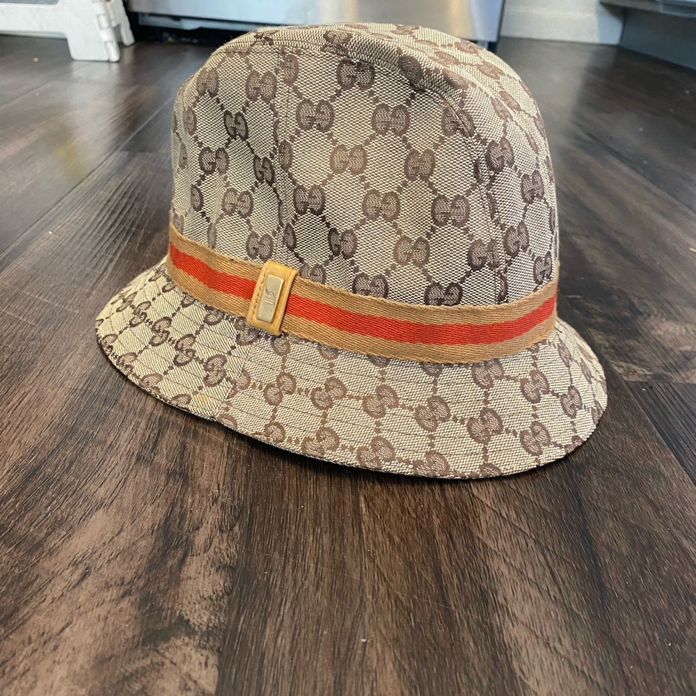 Gucci Monogram Bucket Hat with Orange Stripe